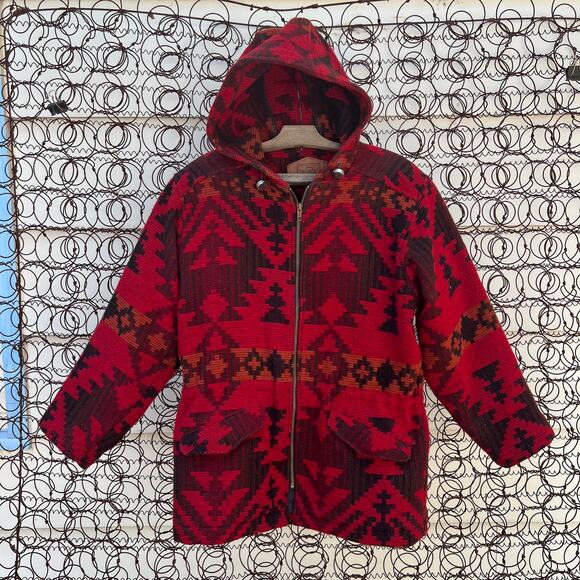 Vintage 80s 90s Woolrich maroon orange Tribal Aztec Southwestern Blanket Coat - Picture 1 of 10